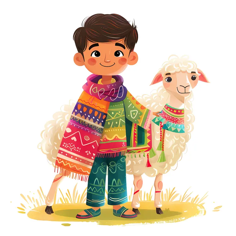 Boy and Sheep in Colorful Attire