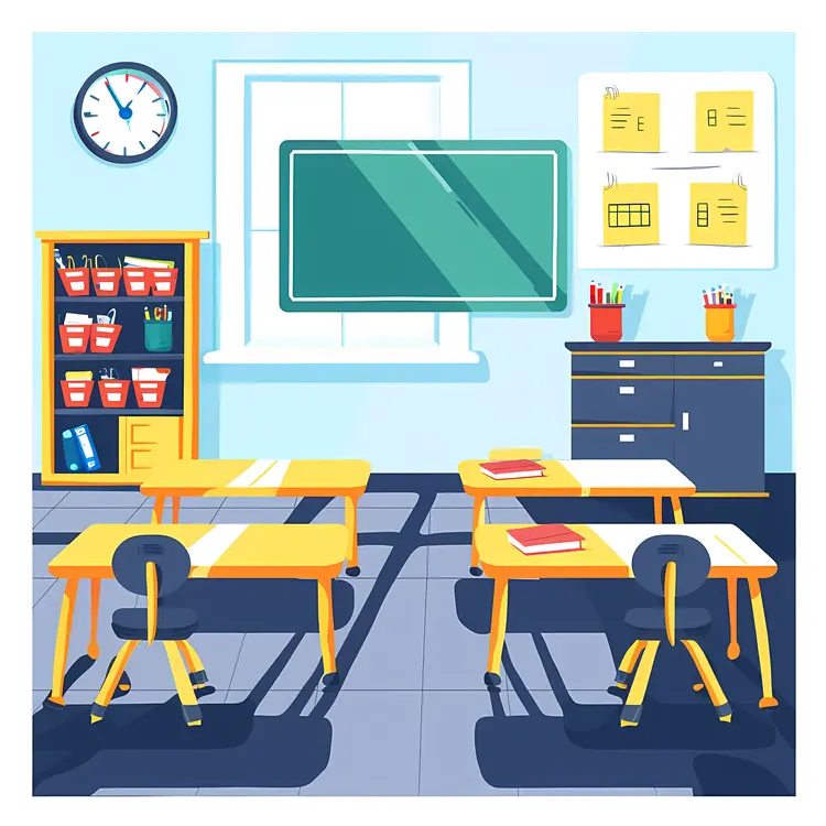 Bright Classroom with Desks and Chairs