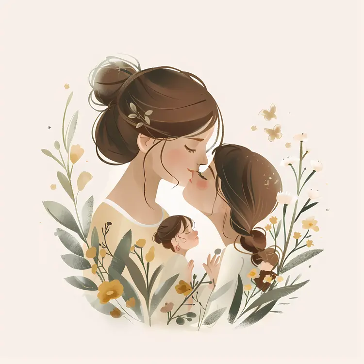 Tender Mother and Child Illustration with Floral Elements