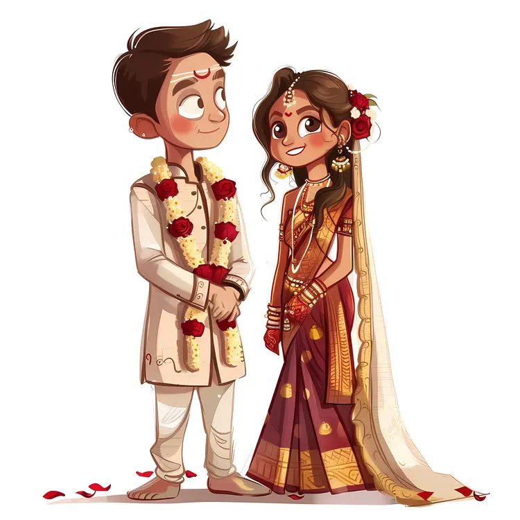 Cartoon Couple in Traditional Wedding Attire