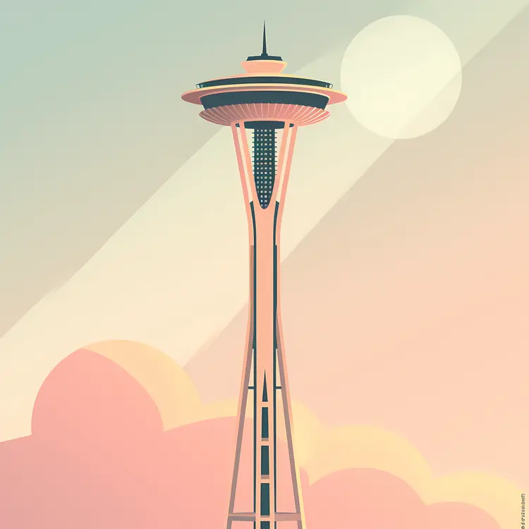 Minimalist Space Needle with Sunset Background