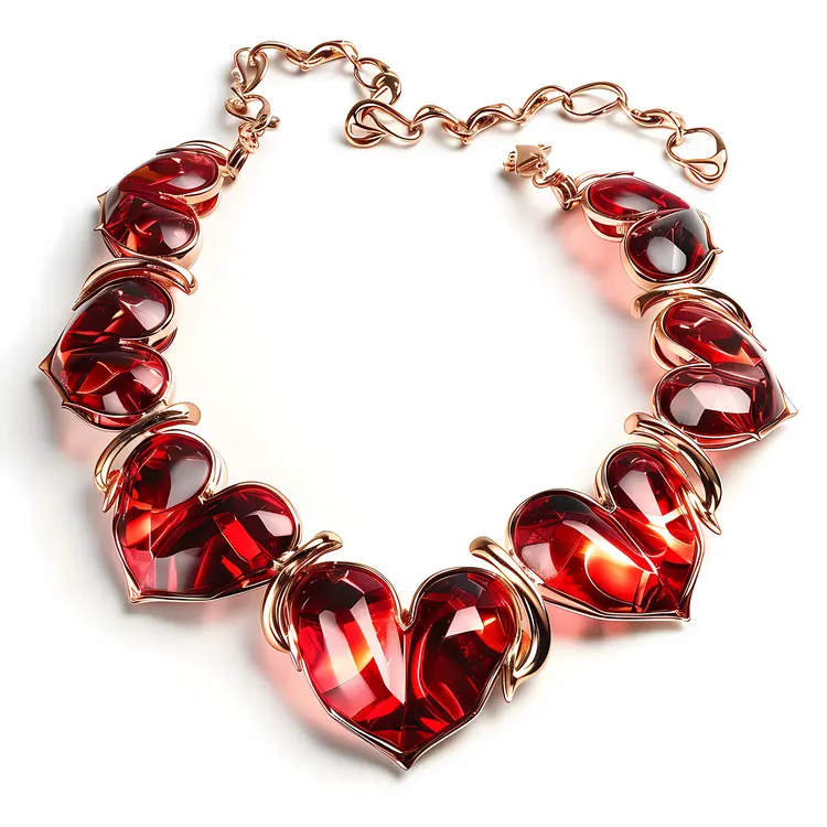 Gold Necklace with Red Heart Gemstones