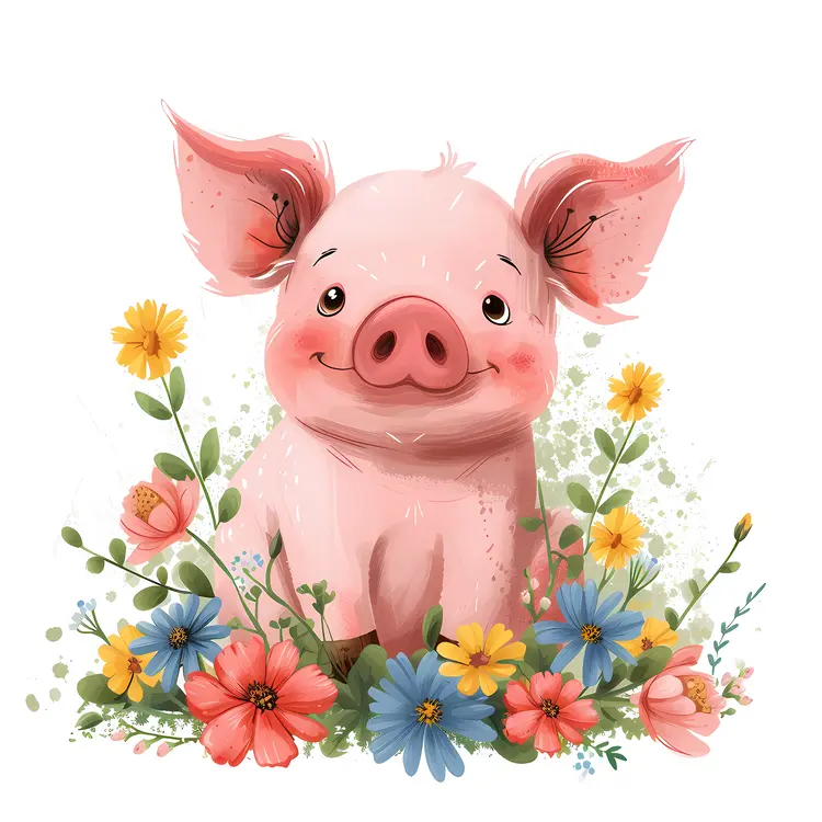 Cheerful Piglet with Colorful Flowers