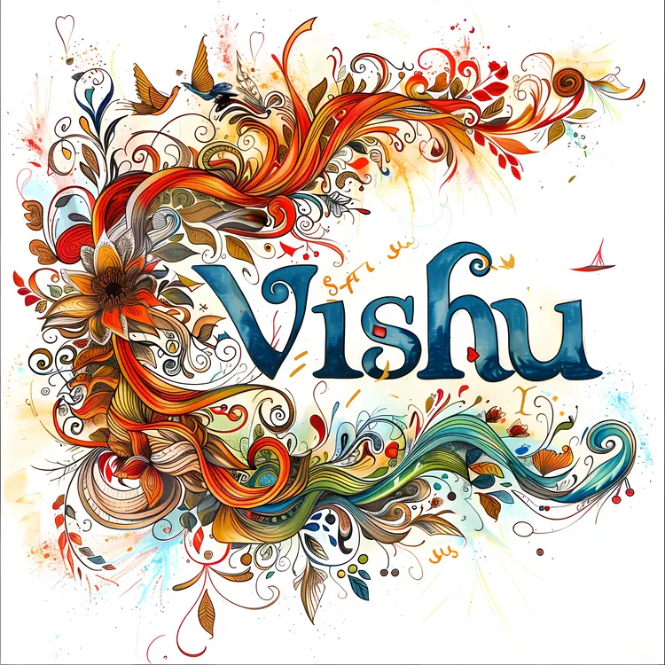 Colorful Vishu Text with Floral Design