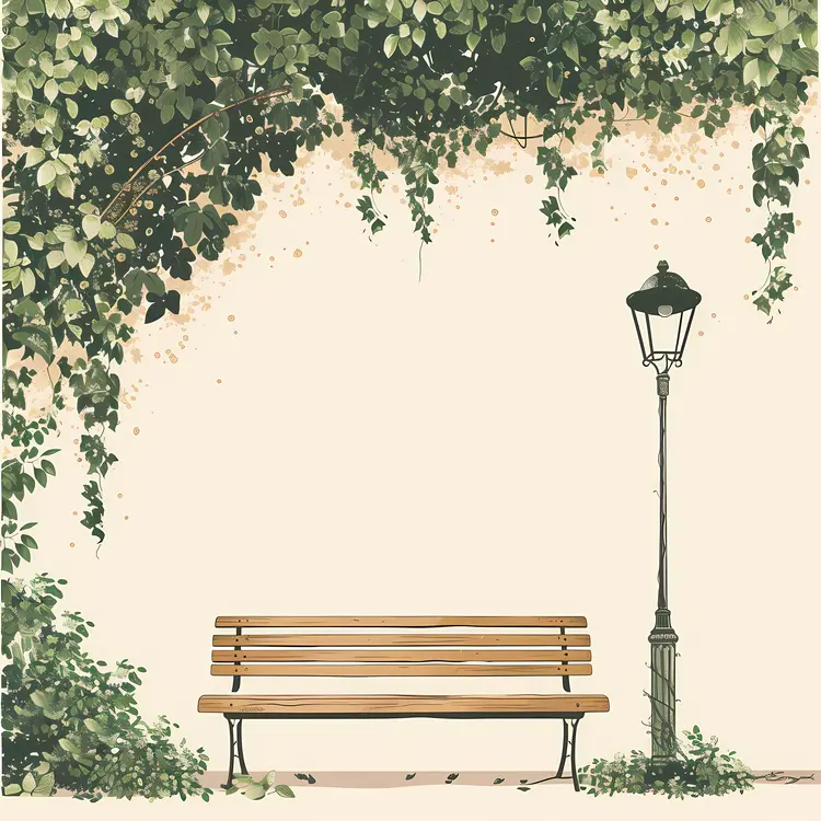 Park Bench with Lamp Post and Ivy