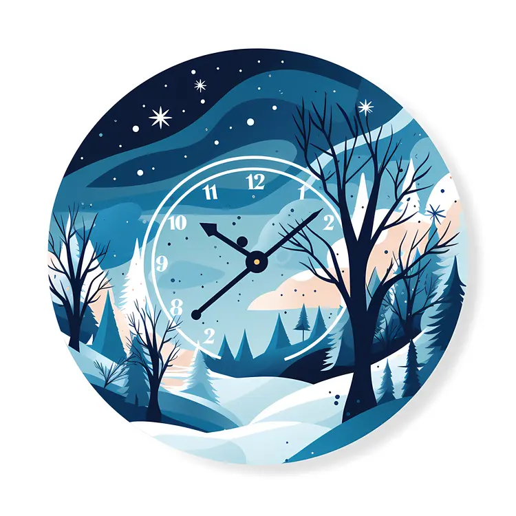 Winter Night Clock with Snowy Landscape