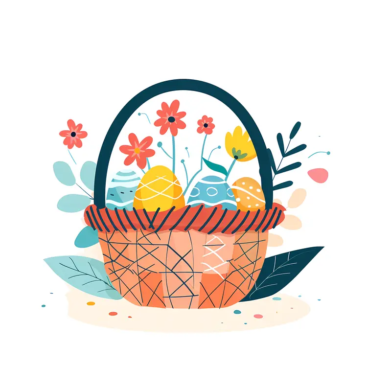 Colorful Basket with Easter Eggs and Flowers