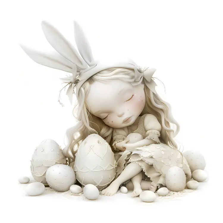 Sleeping Girl with Bunny Ears and Easter Eggs