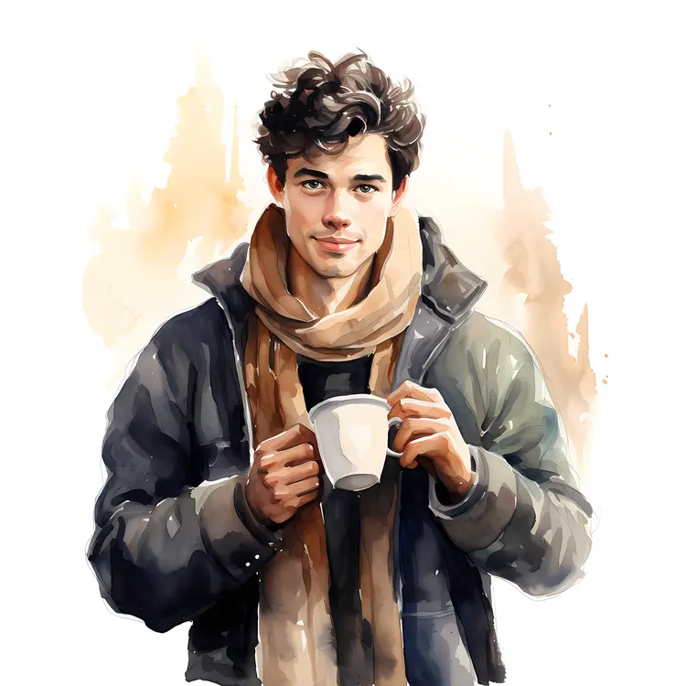 Man in Winter Clothing Holding Mug