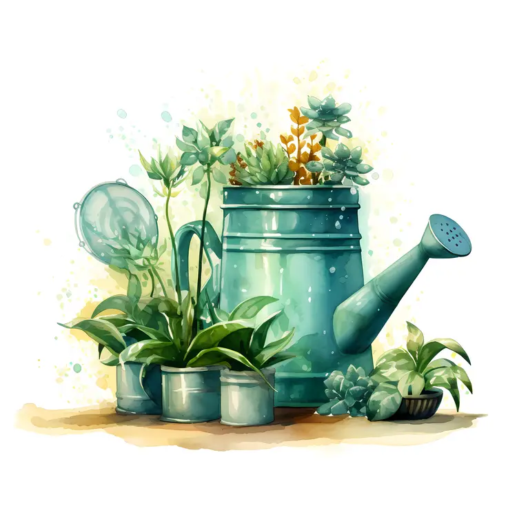 Green Watering Can with Plants