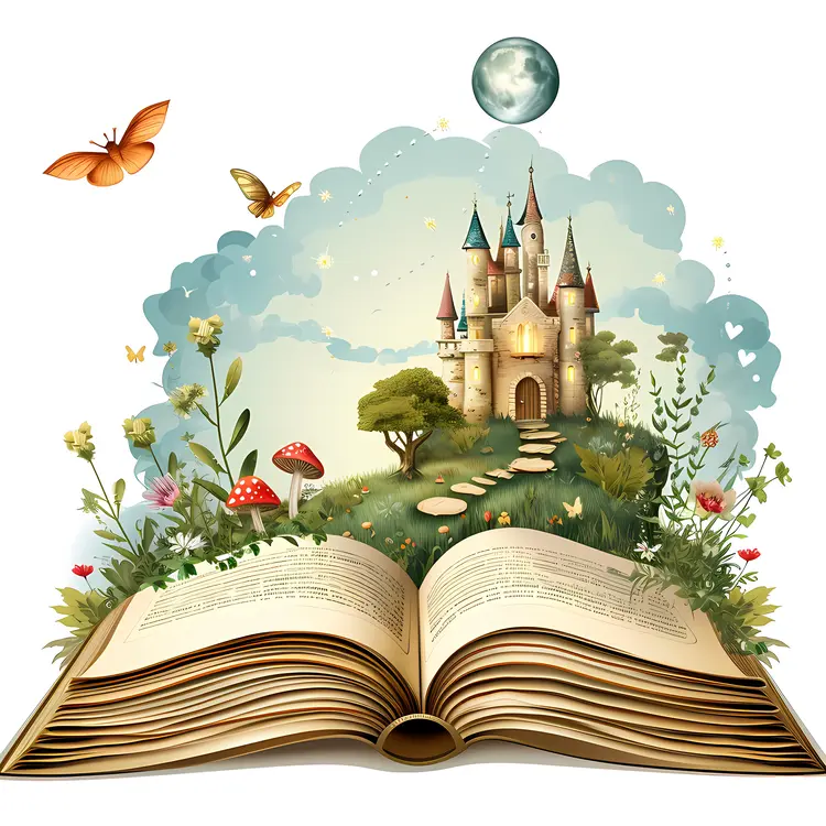 Castle on an Open Book with Mushrooms