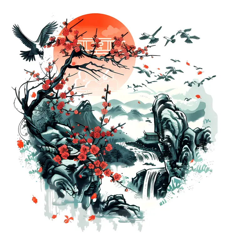 Sunset Landscape with Birds and Trees