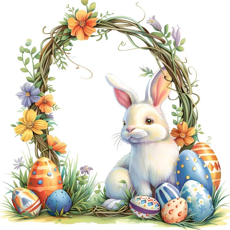 White Easter Bunny with Floral and Egg Frame