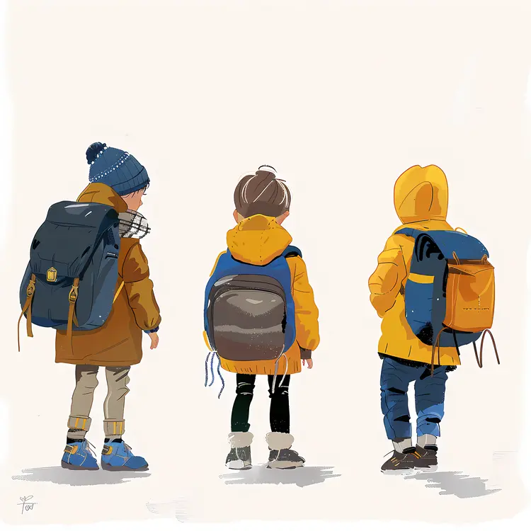 Three Children with Backpacks in Winter Clothing