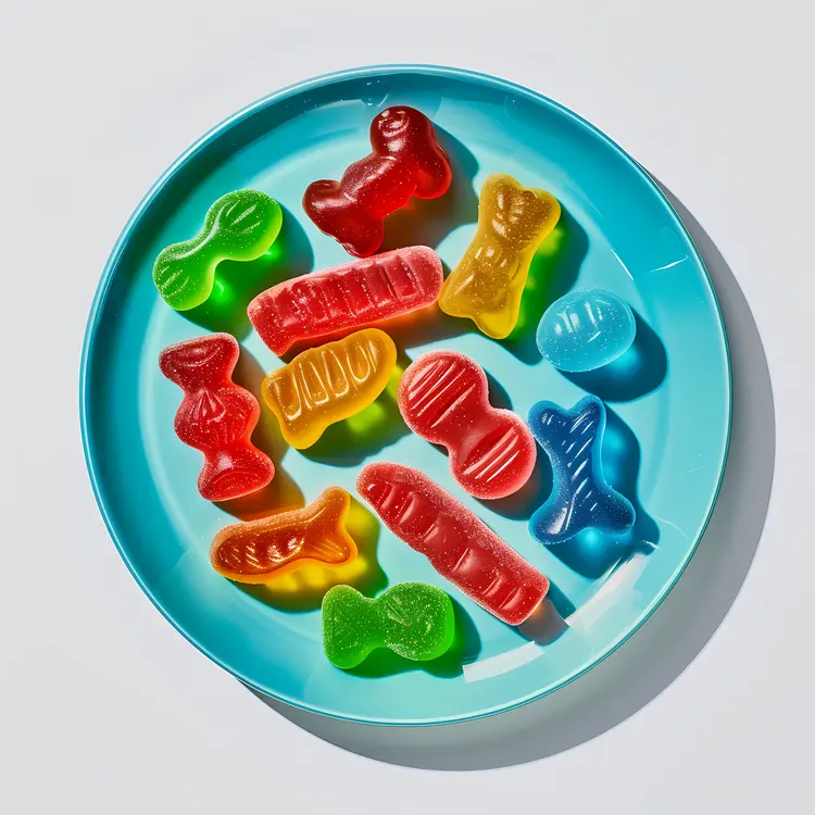 Assorted Gummy Candies on Blue Plate