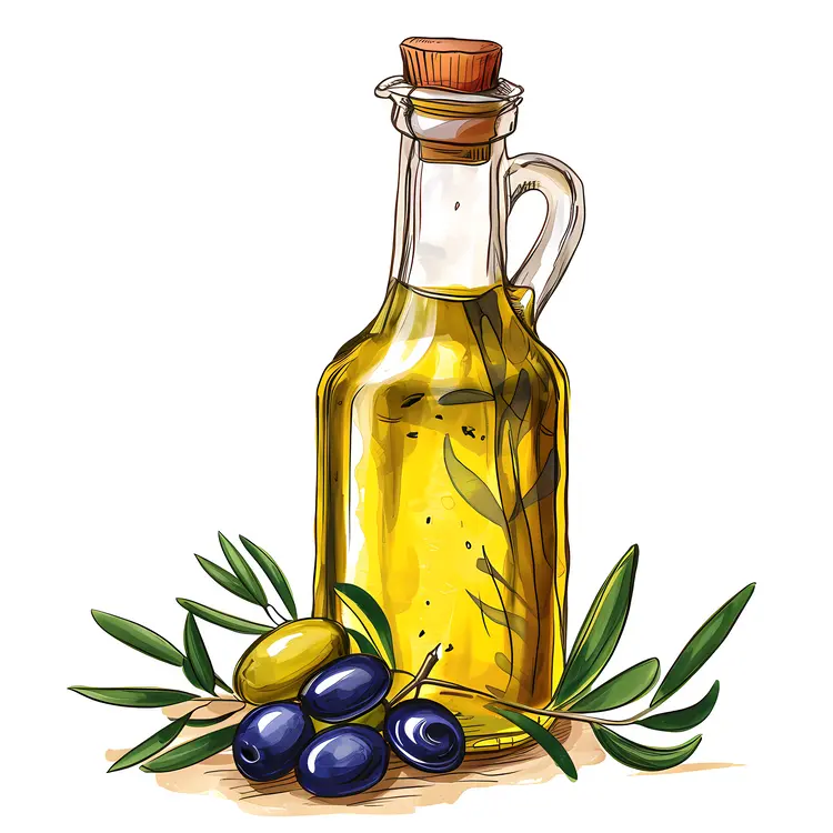 Olive Oil Bottle with Black and Green Olives and Leaves