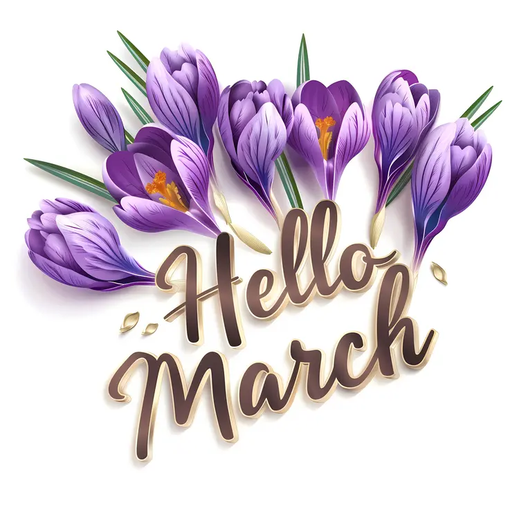 Hello March with Purple Flowers