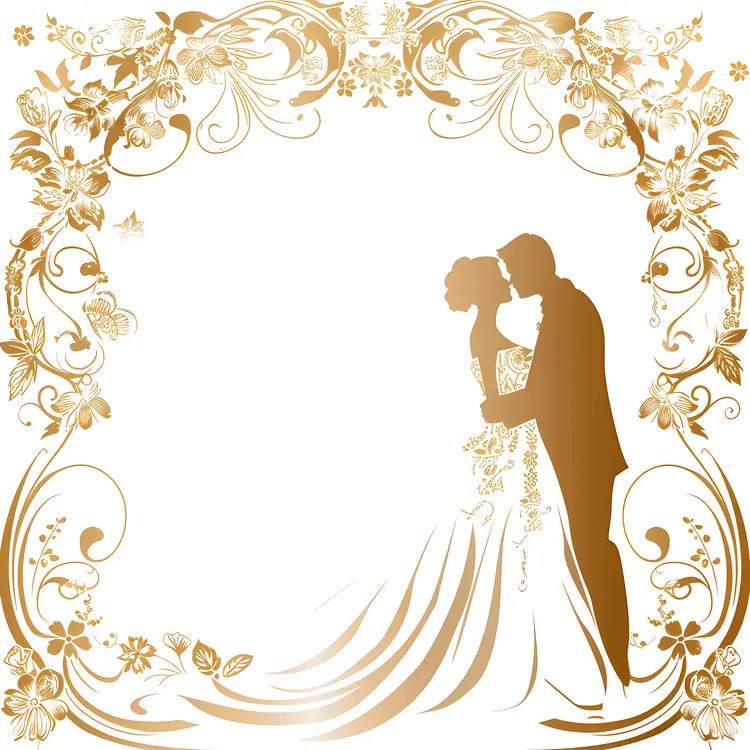 Golden Silhouette of Wedding Couple with Elegant Floral Frame