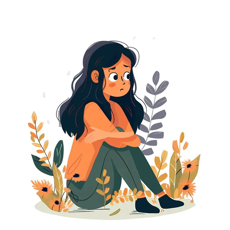 Sad Girl Sitting with Flowers Illustration