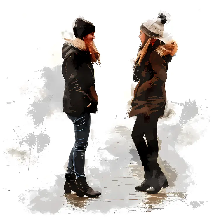 Two Girls in Winter Clothes Talking