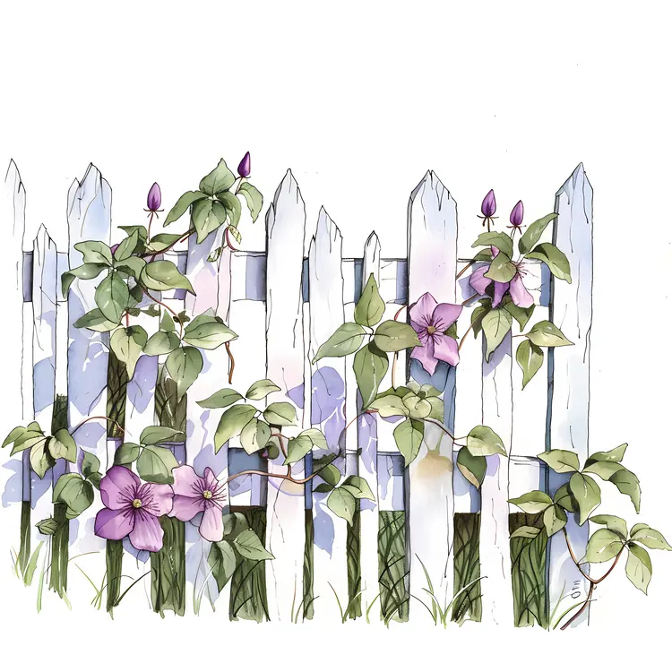 Purple Flowers on White Fence