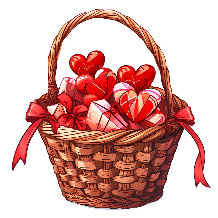 Illustrated Basket with Heart-shaped Cushions and Gifts
