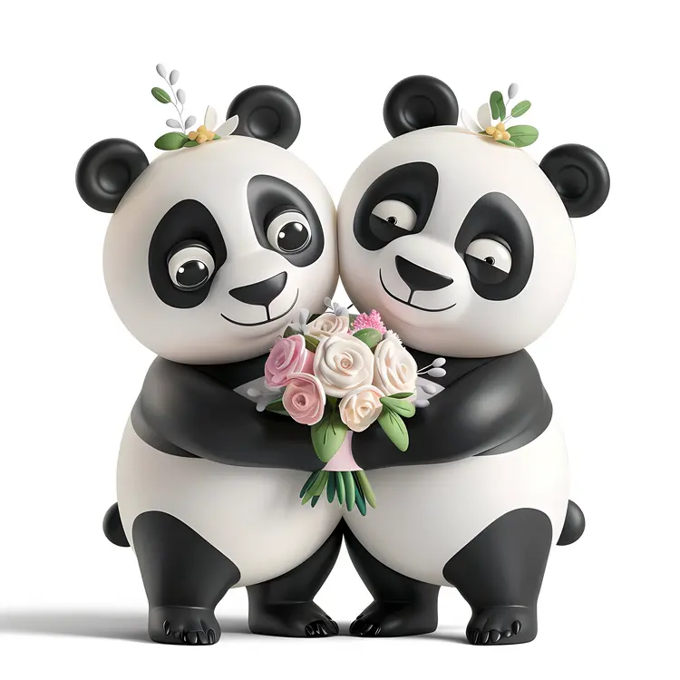 Cute Panda Couple with Bouquet