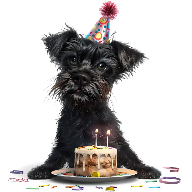 Cute Black Dog Celebrating Birthday with Cake