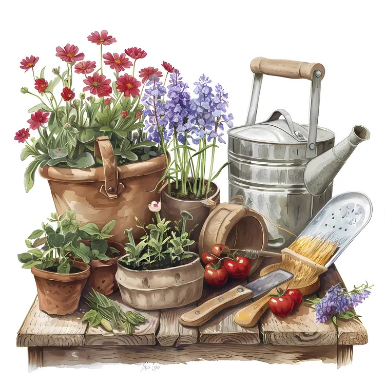 Gardening Tools and Flowers on Wooden Table