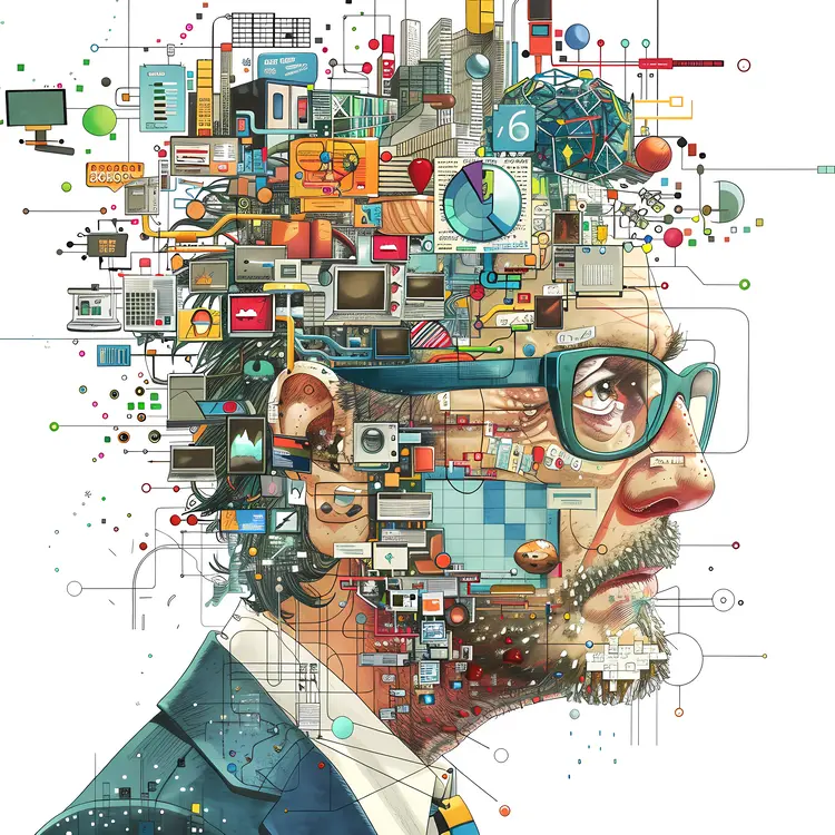 Abstract Digital Art of a Person with Glasses and Technology Elements