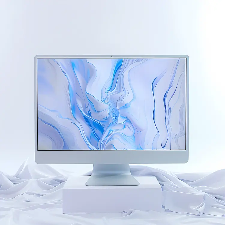 Modern Computer with Blue Abstract Background