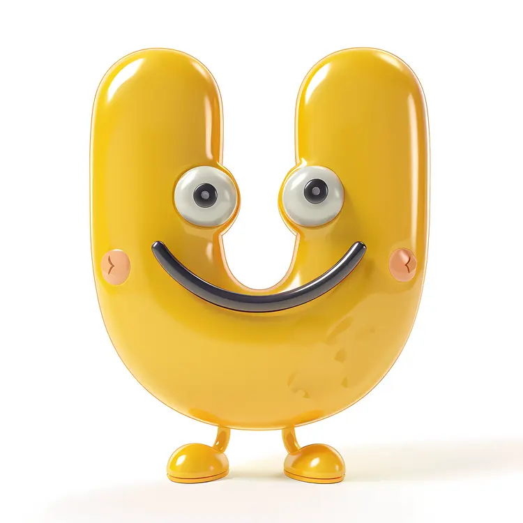 Yellow Letter U Cartoon Character with a Smiling Face