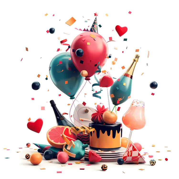 Colorful Balloons and Cake with Confetti