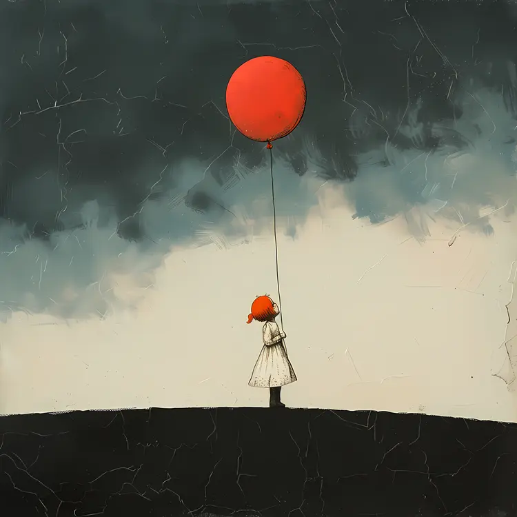 Girl with Red Balloon under Dark Sky