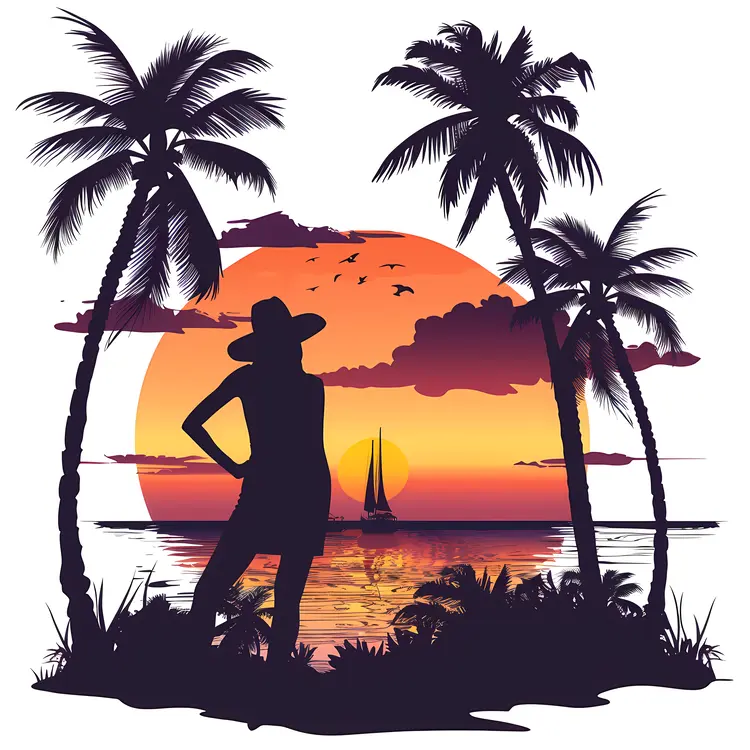 Sunset Silhouette with Palm Trees and Sailboat