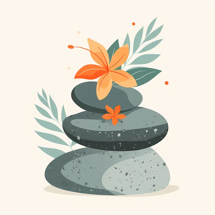 Zen Stacked Stones with Flowers and Leaves