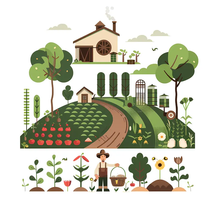 Farmer in Garden with Farmhouse and Plants