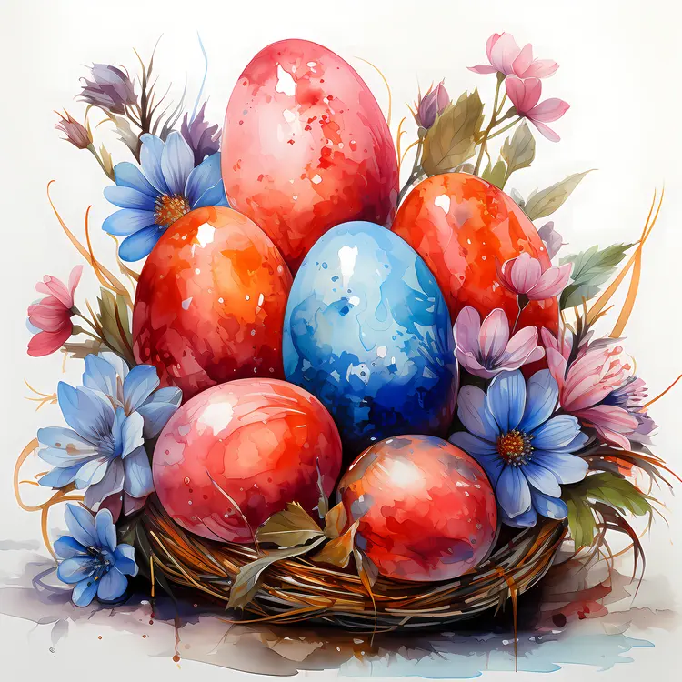 Vibrant Painted Easter Eggs in a Floral Basket