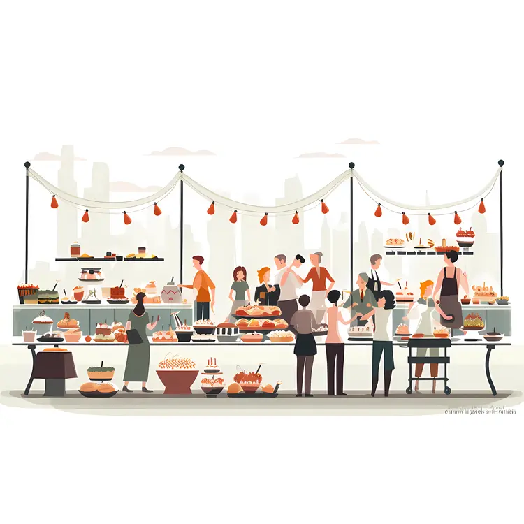 Busy Food Market with Stalls and People