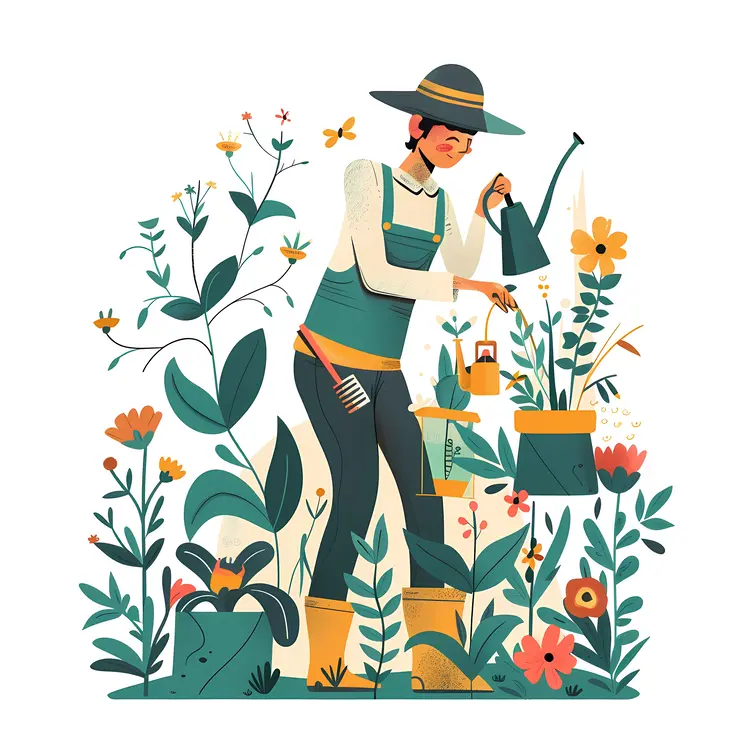 Woman Watering Flowers in Garden