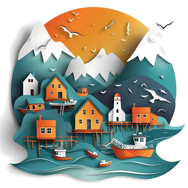 Mountain Village with Boats and Sunset
