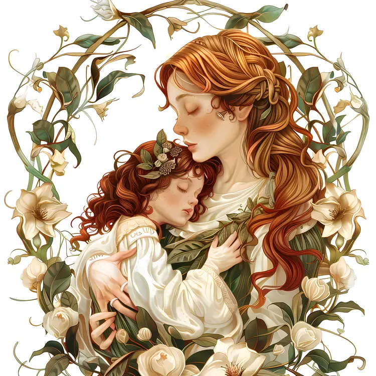 Mother Embracing Child in a Floral Frame