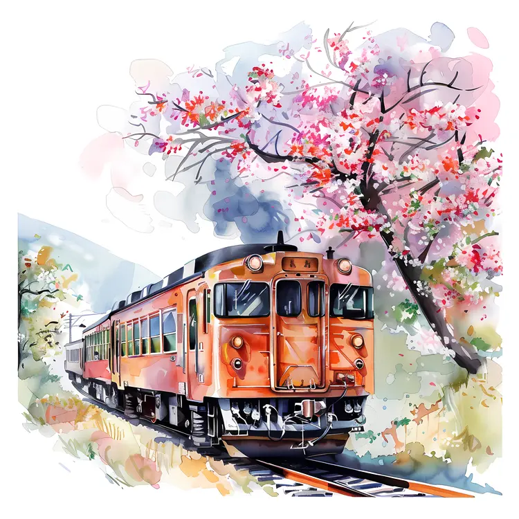 Modern Train with Cherry Blossoms