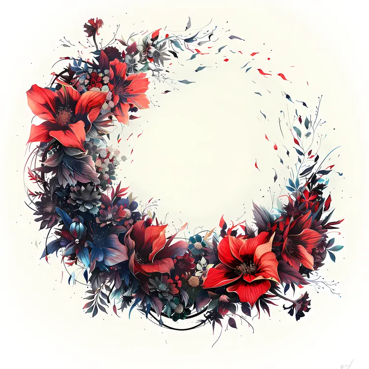 Red and Blue Floral Wreath with Leaves