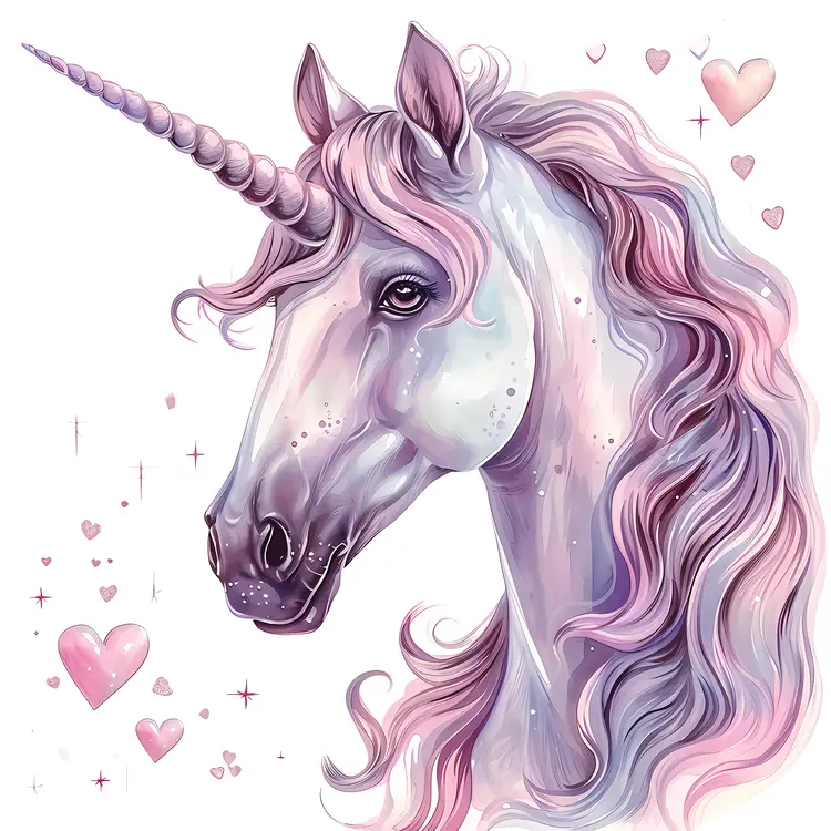 Unicorn with Pink Mane and Hearts