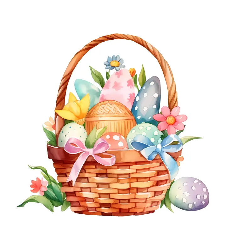 Watercolor Easter Basket with Colorful Eggs and Flowers