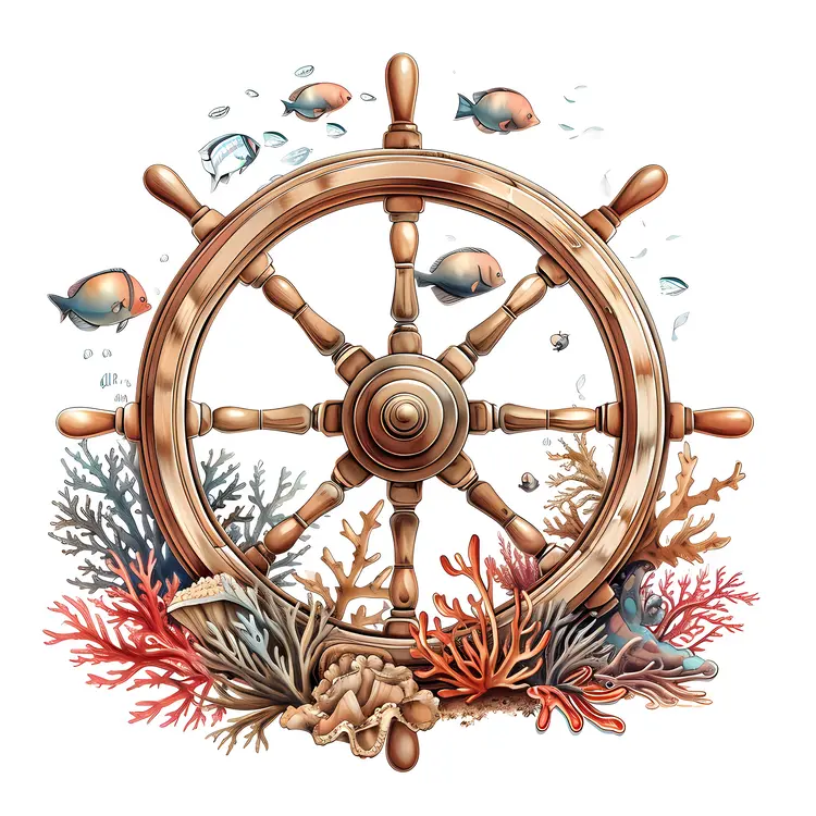 Ship Wheel with Coral and Marine Life