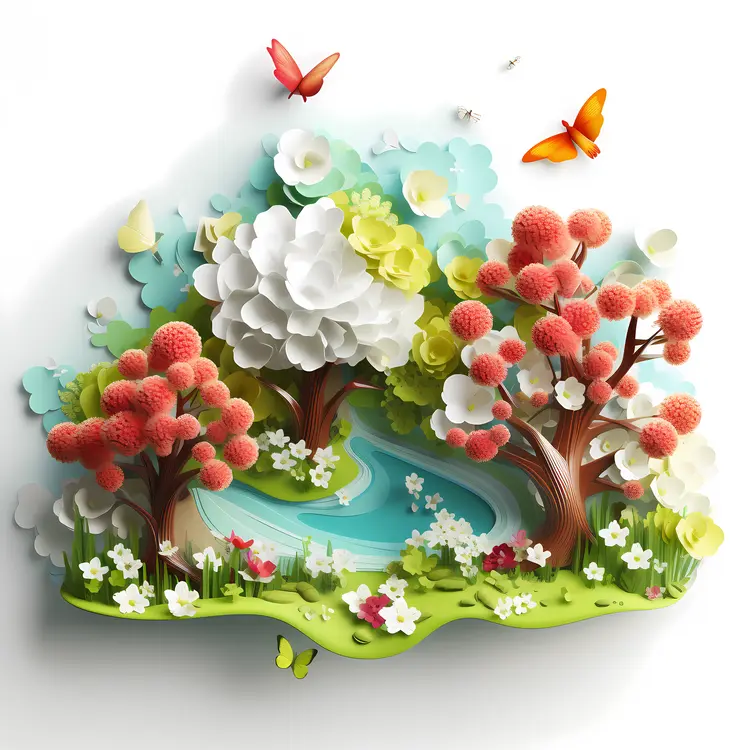 Colorful Trees and Flowers in a Spring Garden