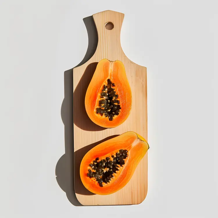 Papaya Halves on a Wooden Cutting Board