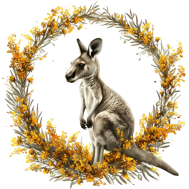 Realistic Kangaroo in Floral Wreath